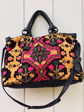 Cleobella Ankara Weekender Embroidered  Tapestry Leather Bag